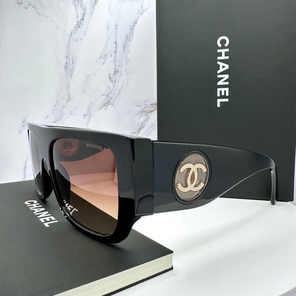 CHANEL Sunglasses Black Square Shield Gold CC Gradient Brown Lens - Picture 9 of 16
